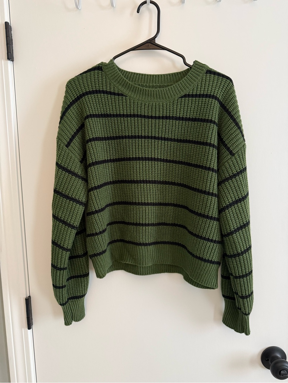 Cider Olive Green Crewneck Sweater with Black Stripes